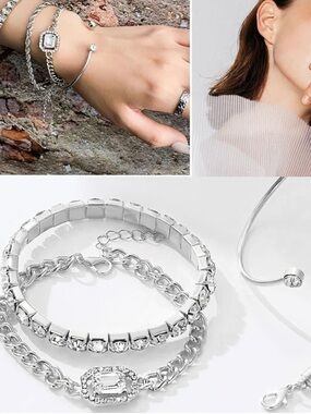 Anthropologie Silver Crystal Chain Bracelet Set